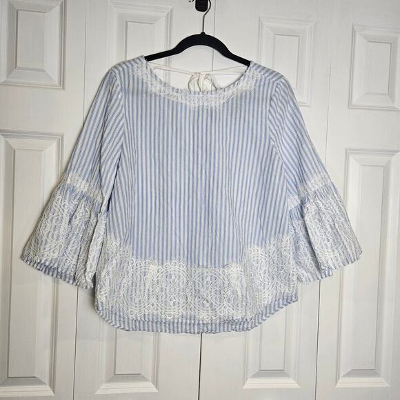None and/or Unknown Tops - Allison Andrews 3/4 Bell Sleeve Lace Blue and White Striped Medium Sailor